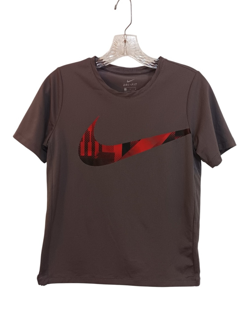 Nike Dri-FIT Boy’s Gray Athletic Tee with Red and Black Swoosh Size L Mesh Panel